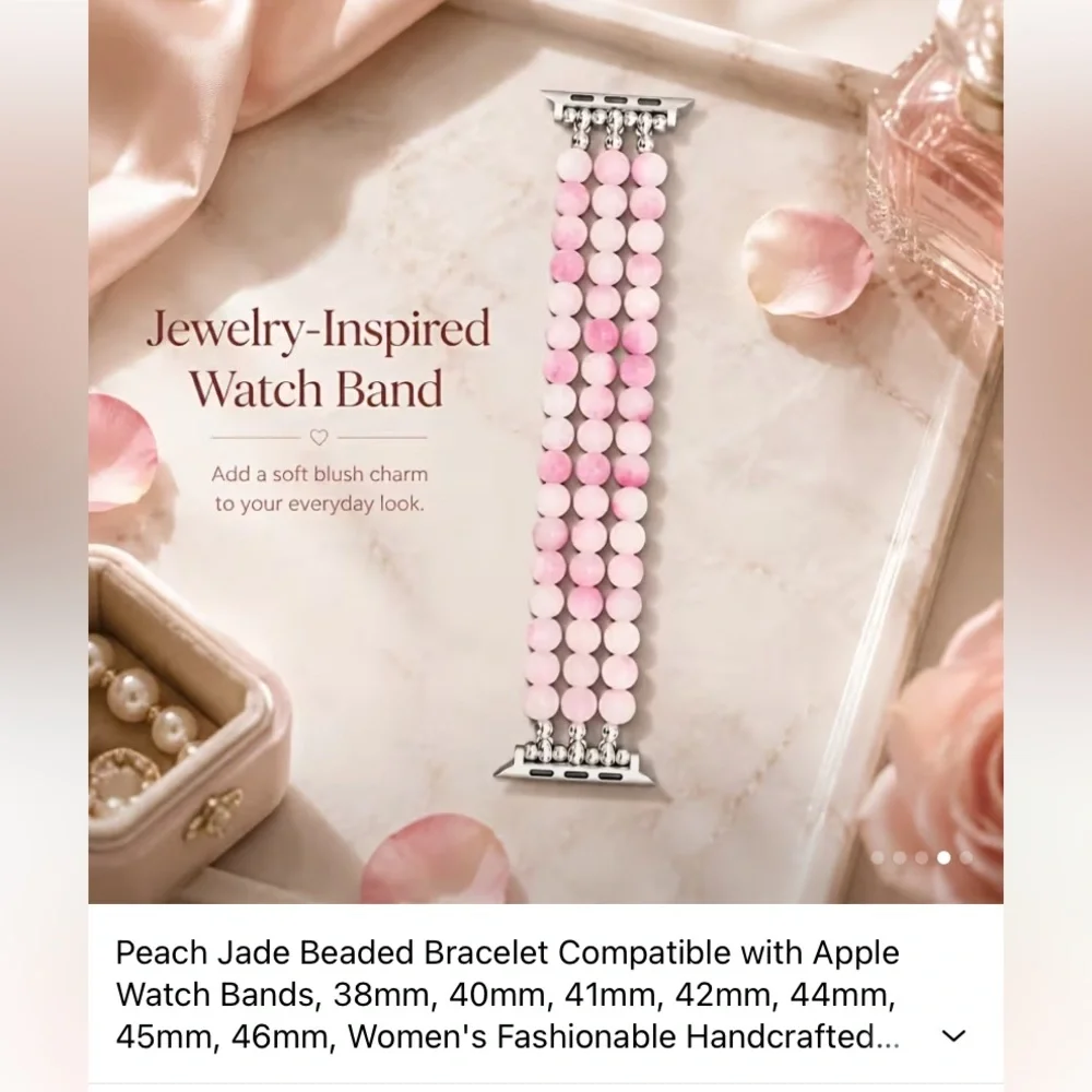 Handcrafted Pink Peach Jade Beaded Watch Band for Women